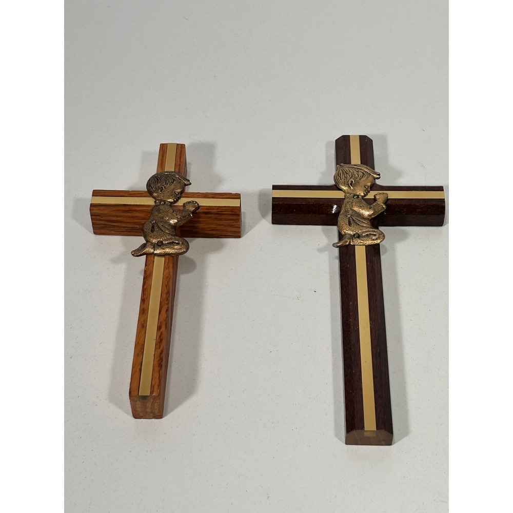 Vintage Set of 2 Wooden Wall Crosses Kneeling Praying Boy Brass Inlay Religious
